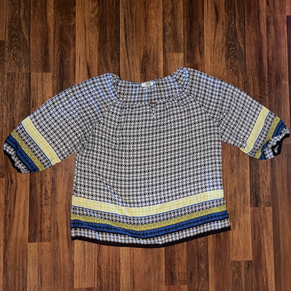 Dressbarn Womens 3X Blouse Black White Geometric Yellow Blue Border Print Top